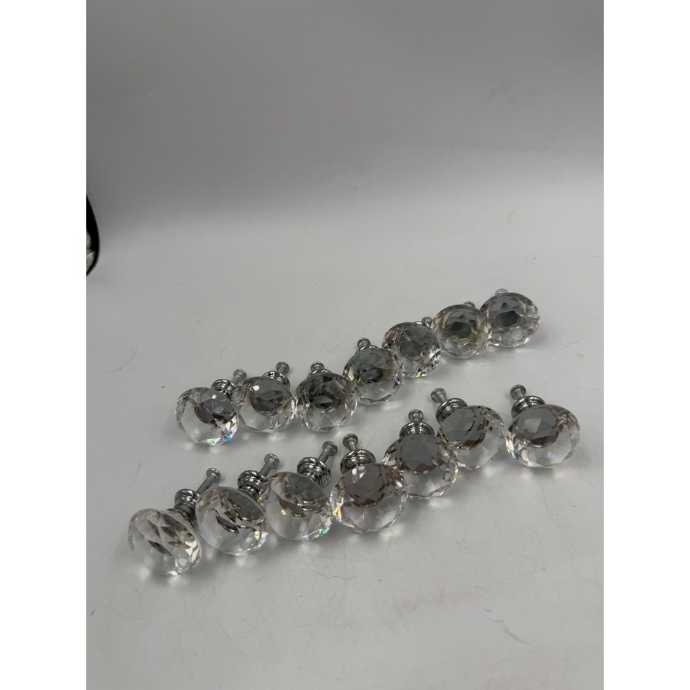 Lot Of 14 Crystal Like Glass Interior Door Knobs, Round Diamond With Hardware